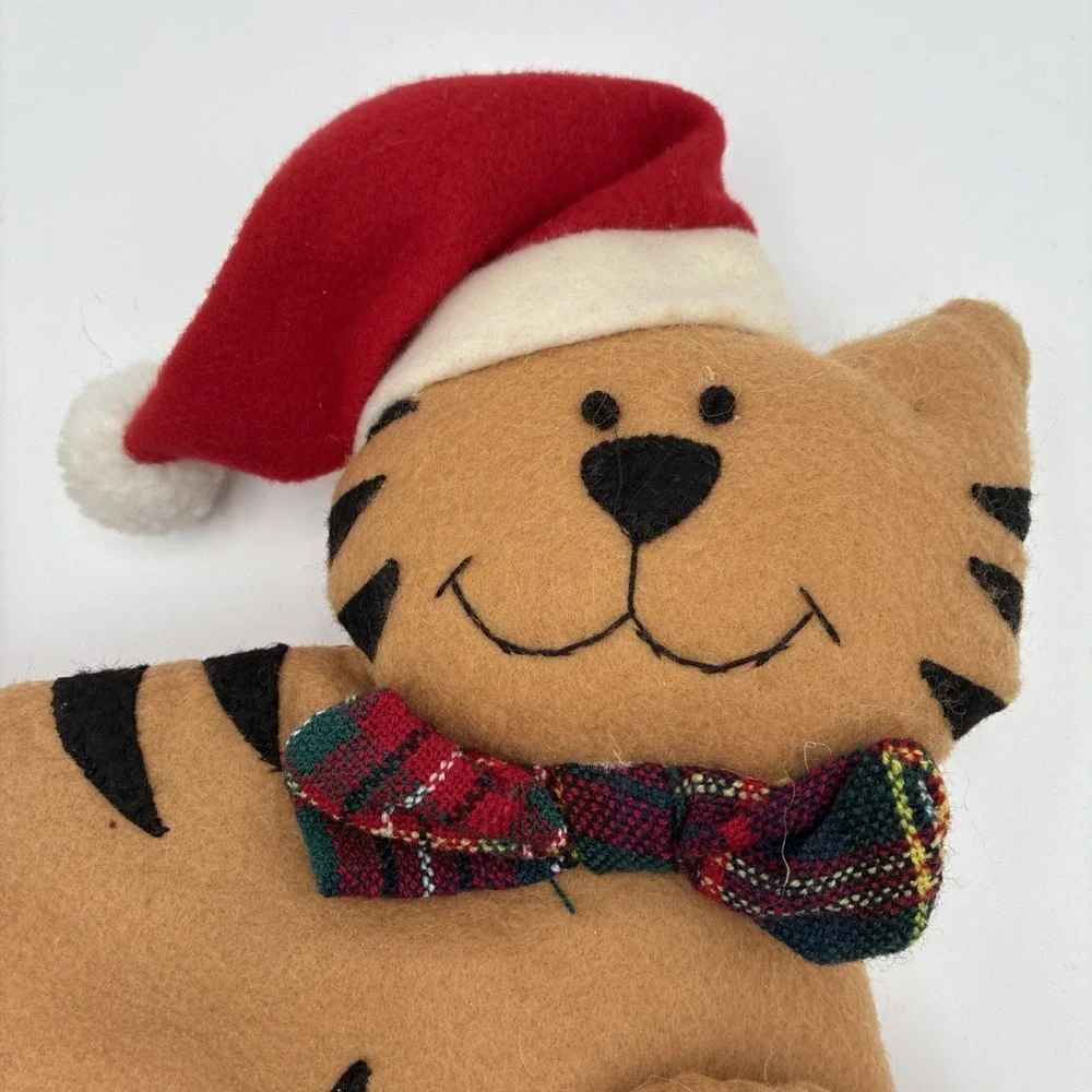 Christmas Cat Stocking Red Felt Orange Tabby Plaid Bow Tie Meow Fish 20 inch